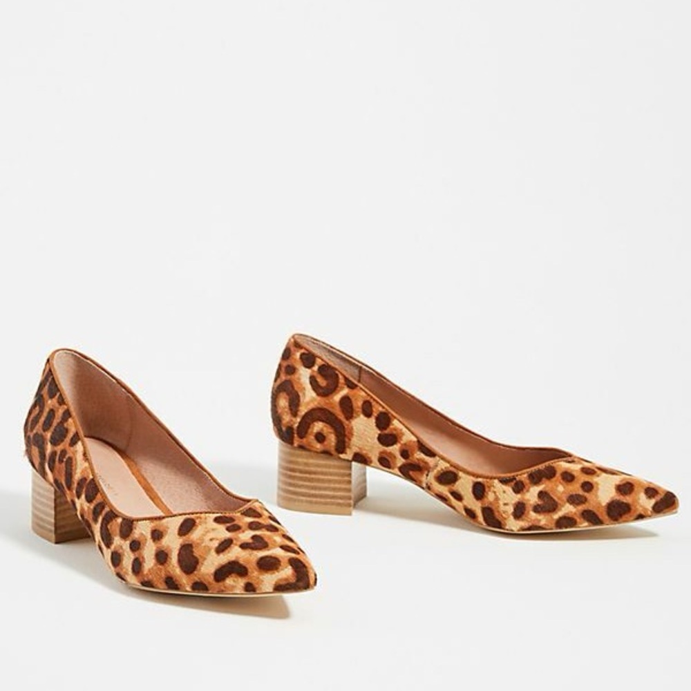 Anthropologie Imogen Calfhair Leopard Print Stacked Block Heel Pumps